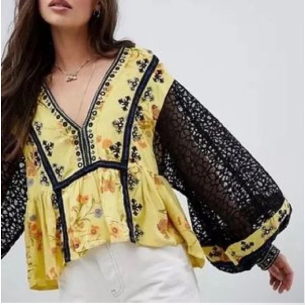 FREE PEOPLE Boogie All Night‎ Lace Sleeve Blouse Ballon sleeve lace Sz M NWT